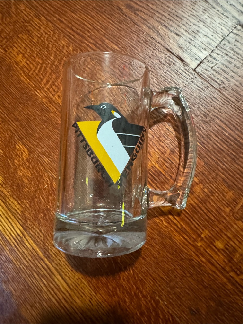 Clear Glass Beer Mug - Black & Yellow vintage logo